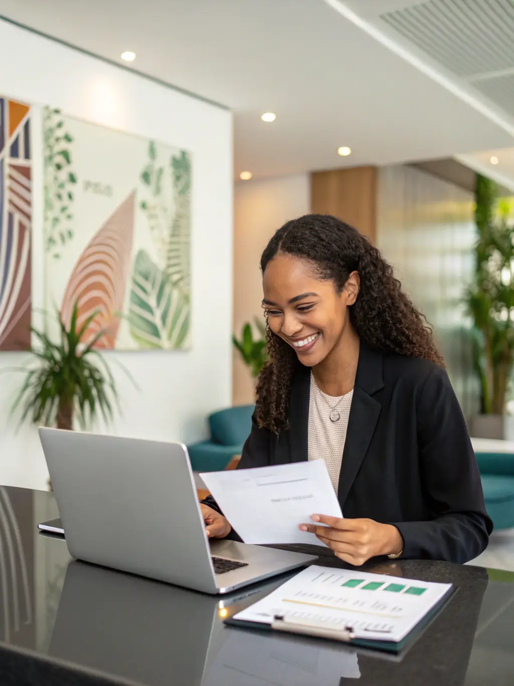 A close-up shot of Gilda Lynette Ortiz, CPA, smiling confidently while reviewing a client's tax documents in a modern office setting, conveying trust and expertise.