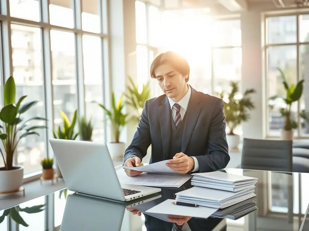 A professional accountant reviewing financial statements in a modern office setting, emphasizing accuracy and attention to detail.