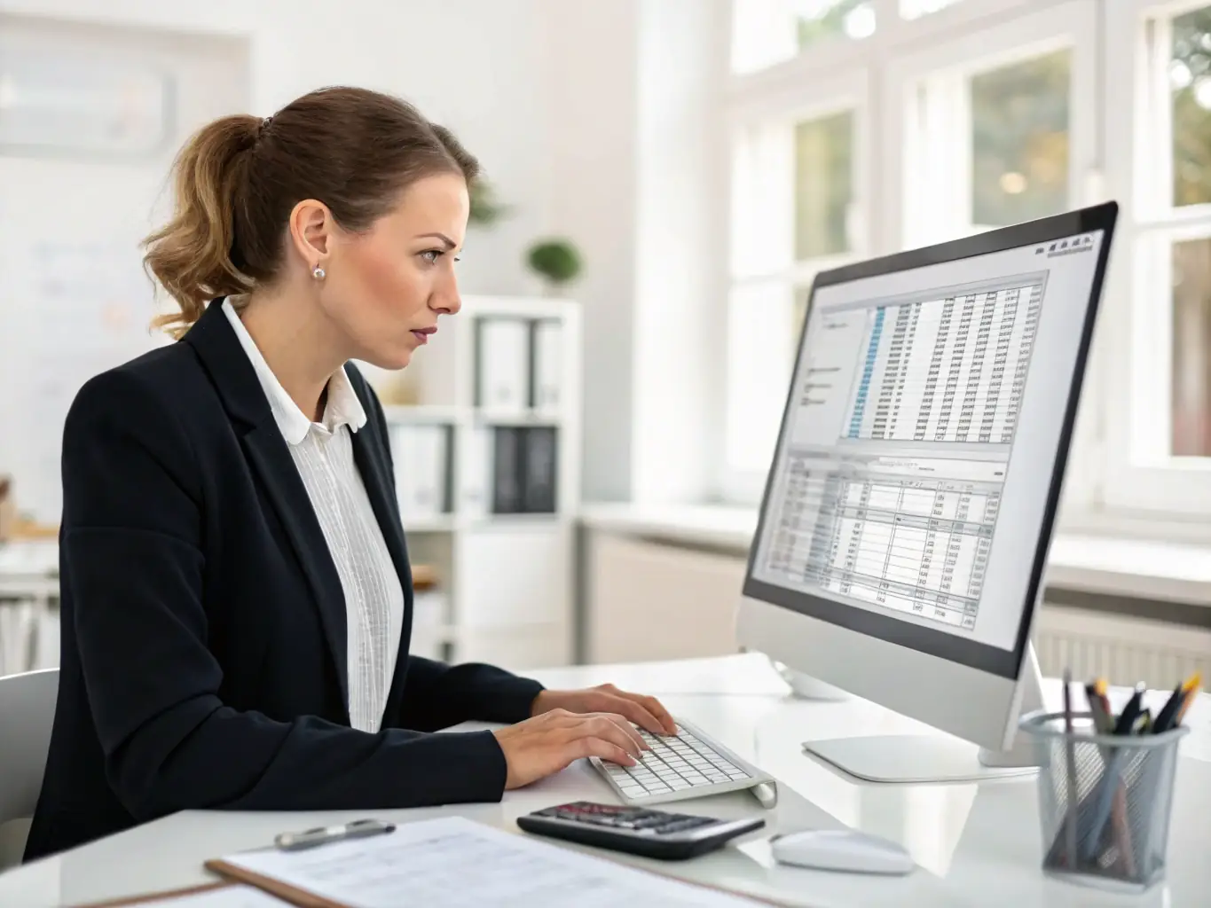 A person processing payroll on a computer, showing efficiency and compliance with regulations.
