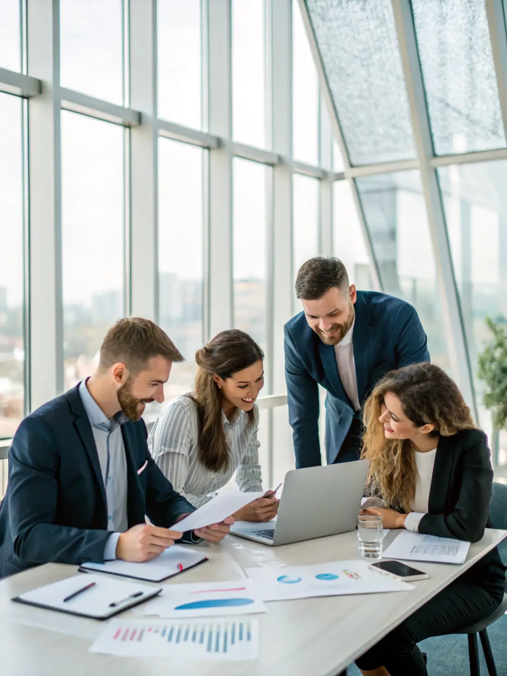 A diverse team of tax professionals collaborating in a modern office, showcasing the firm's collaborative approach and diverse expertise.
