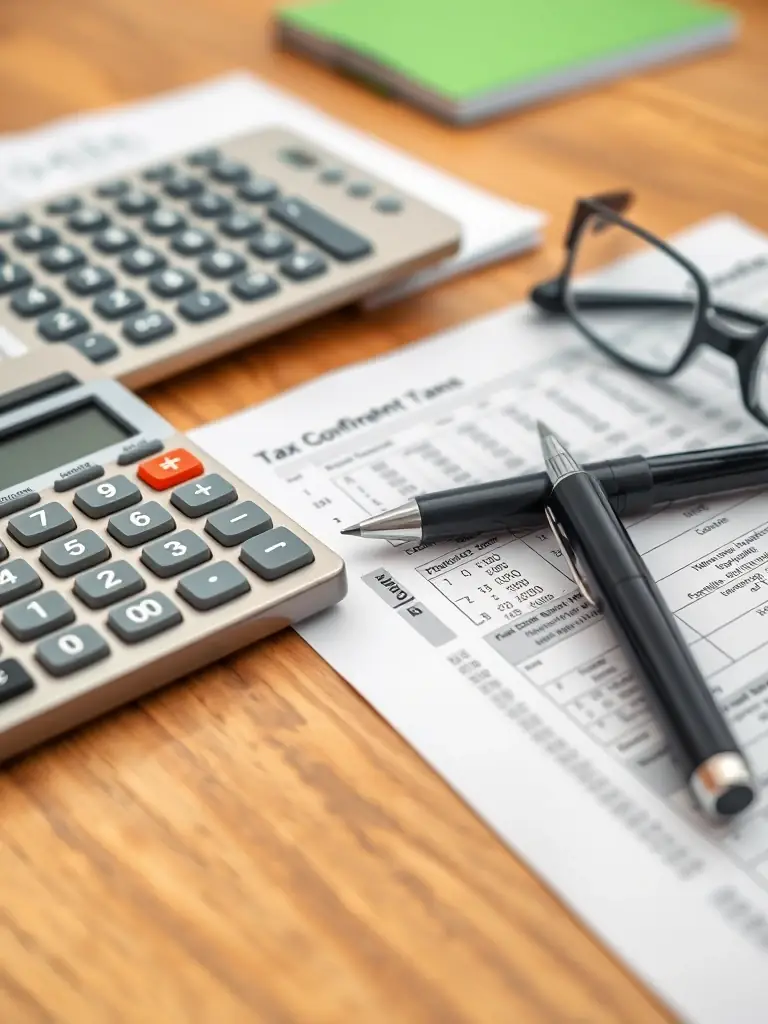 An image of a stack of neatly organized financial documents and tax forms, symbolizing accuracy and compliance.